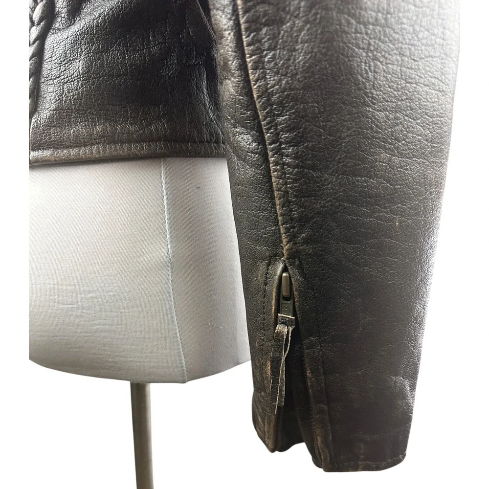 Unik Distressed Brown Leather Braided Moto Motorcycle Jacket Cross Zip Size XS - Picture 9 of 16